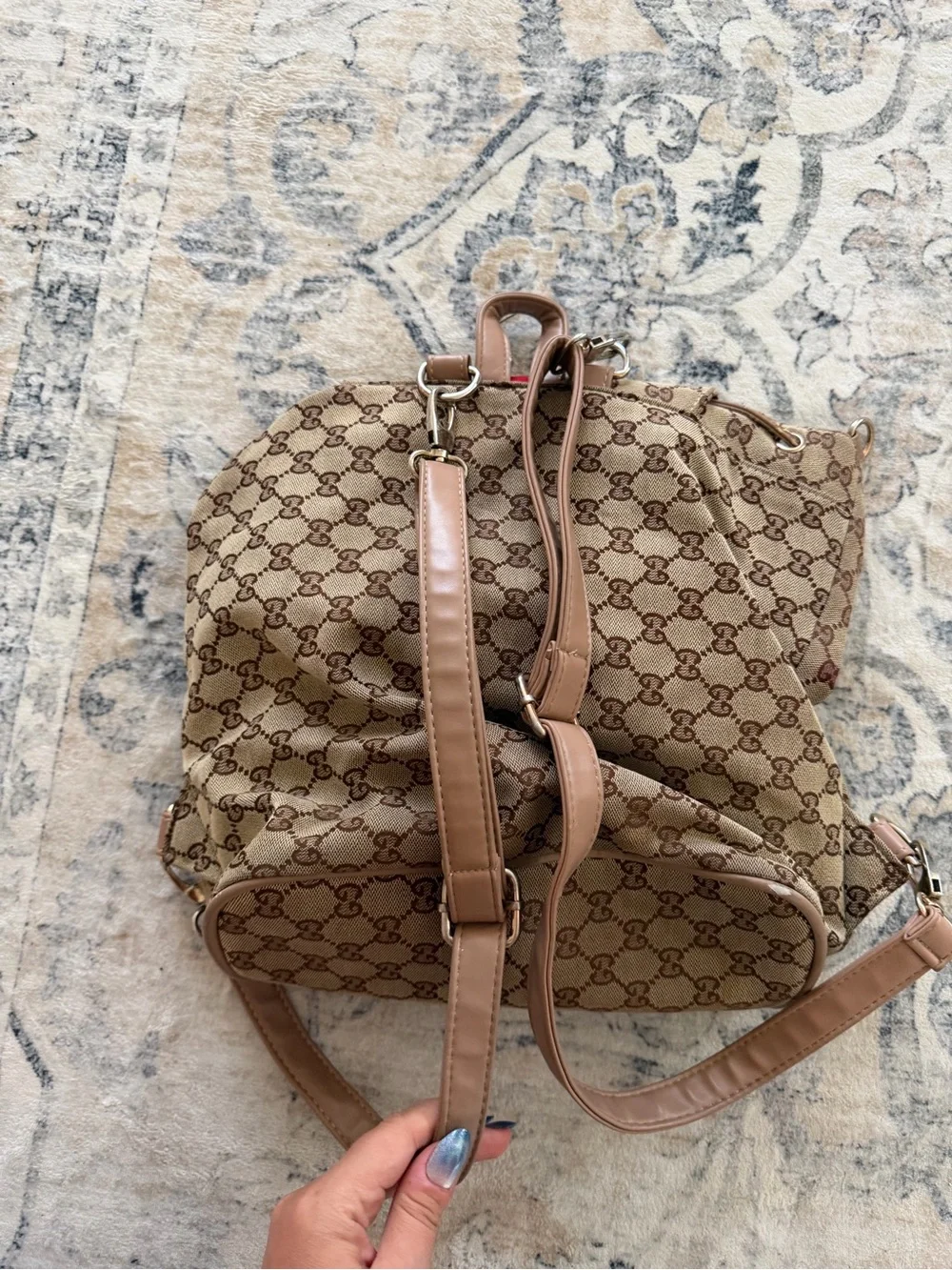 Designer-Style Brown Canvas Backpack with Green-Red Stripe